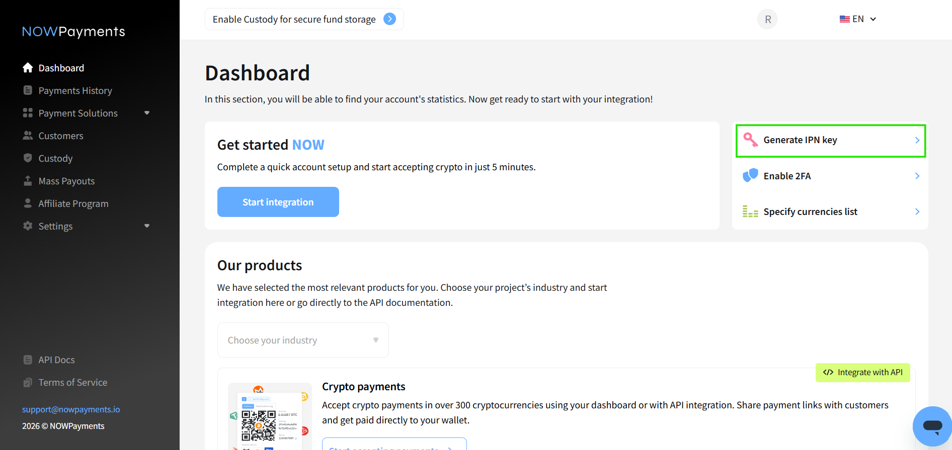 NOWPayments API settings dashboard