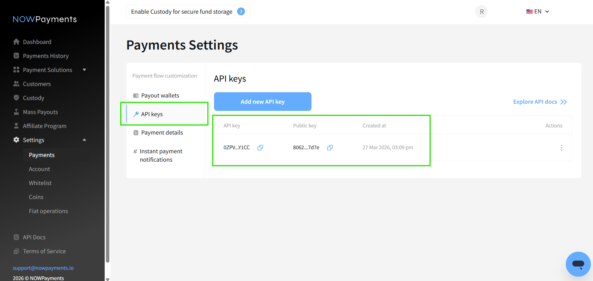 NOWPayments API and IPN keys