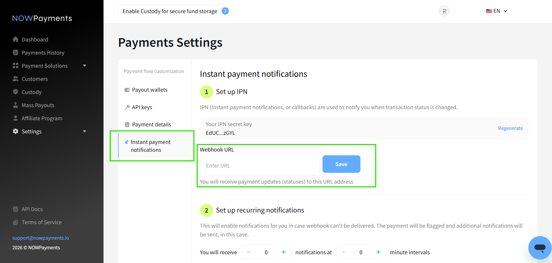 NOWPayments webhook URL setting