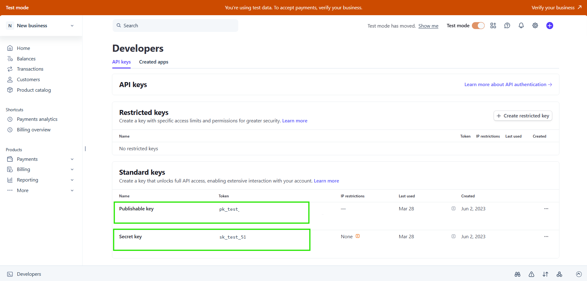 Stripe API keys