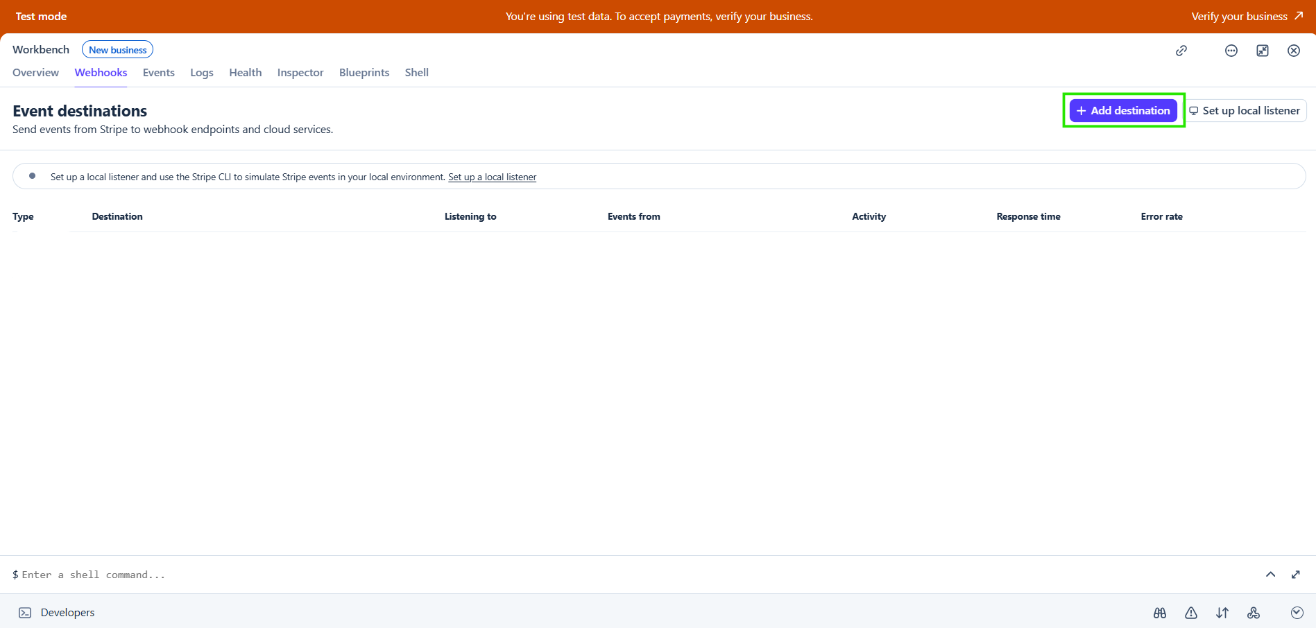 Stripe webhook endpoint and selected events