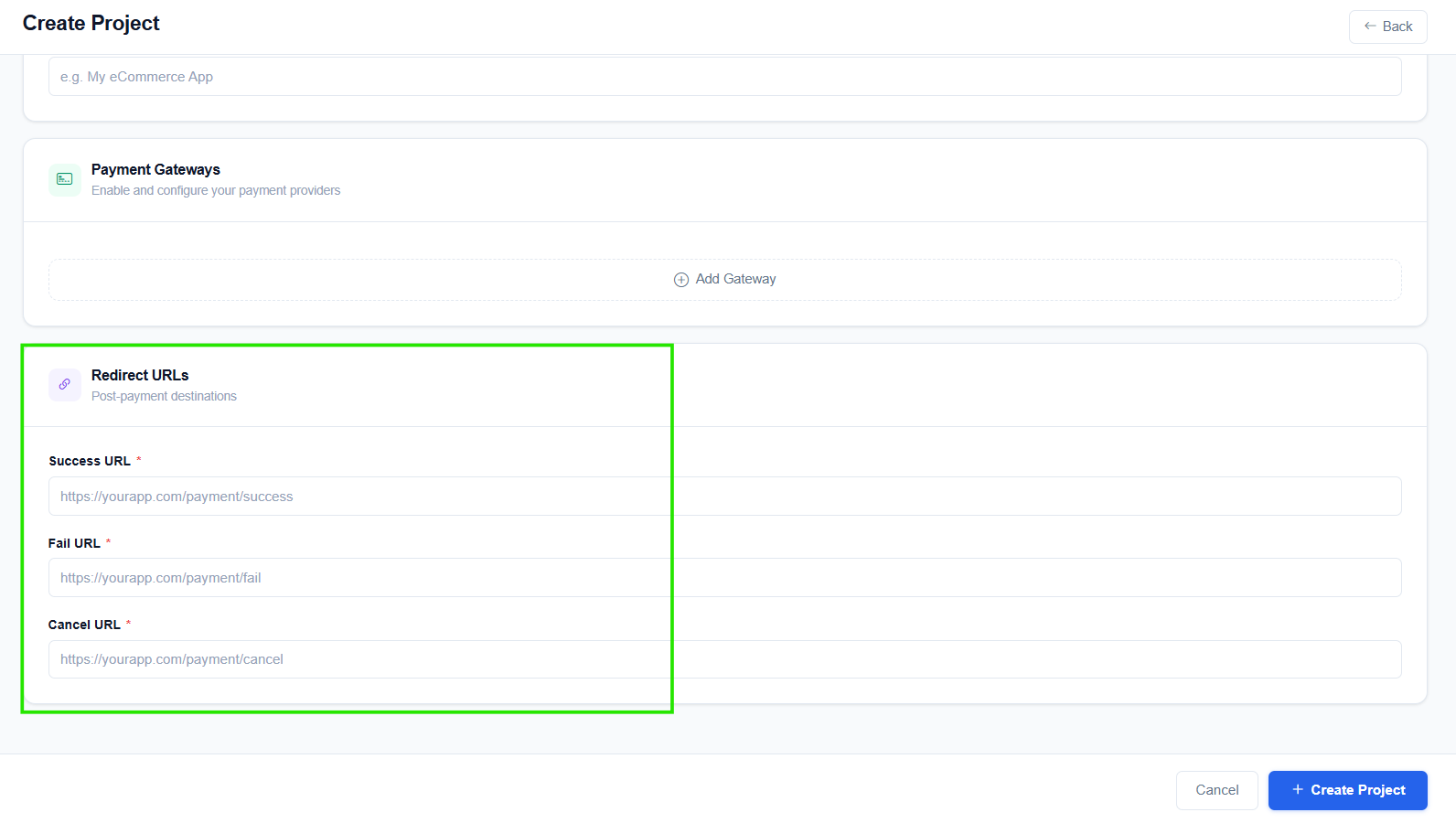 Payment Engine project redirect URL configuration