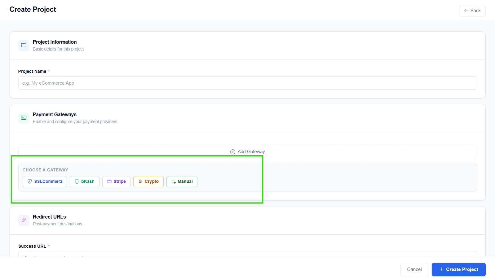 Payment Engine project gateway configuration form